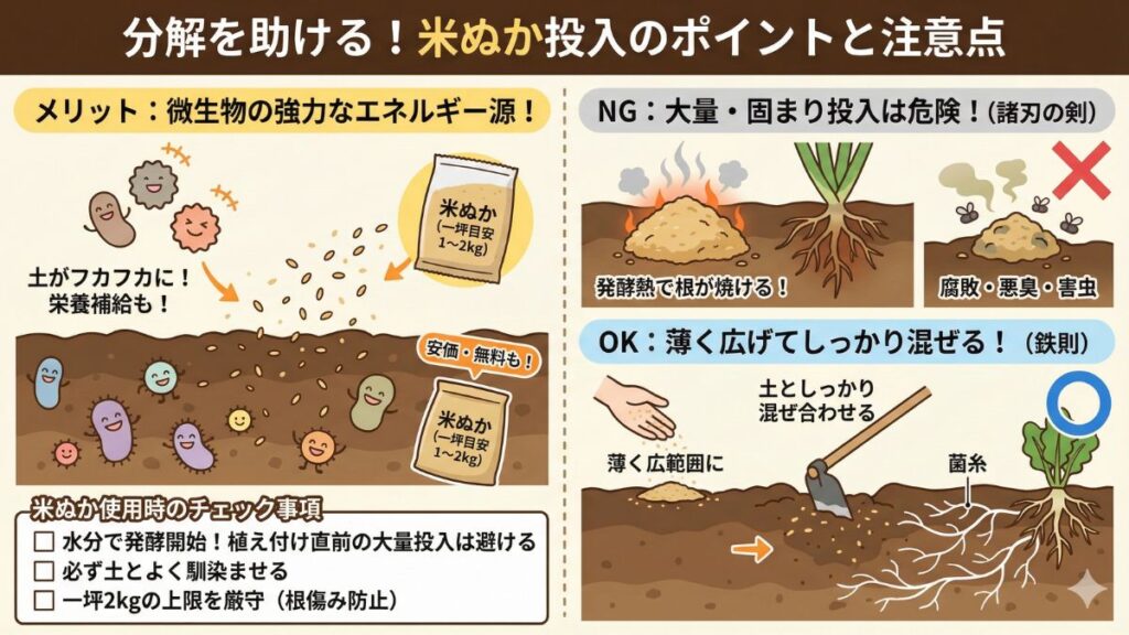 分解を助ける米ぬか投入時の注意点
