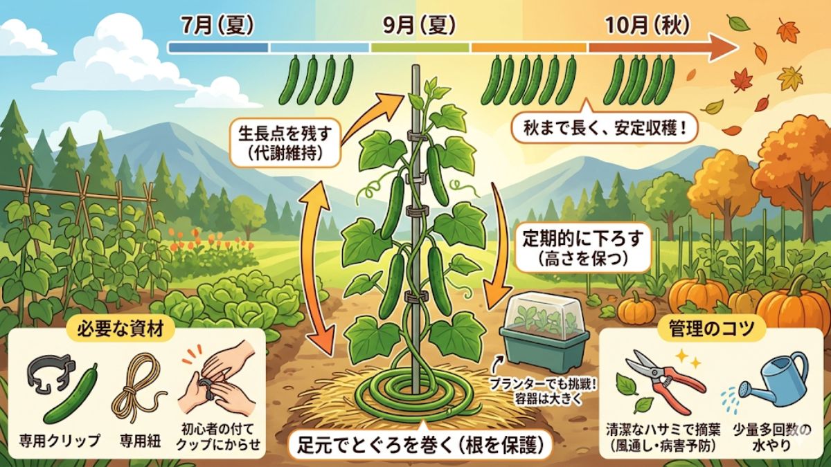 きゅうりのつる下ろし栽培を図解！長期間安定して収穫する秘訣