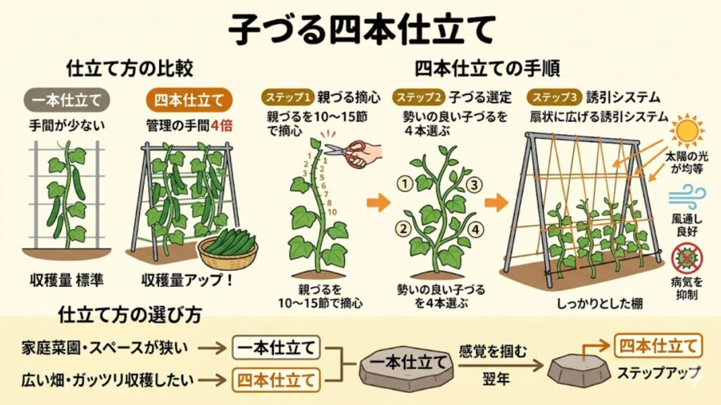 側枝を活かす子づる四本仕立てのコツ