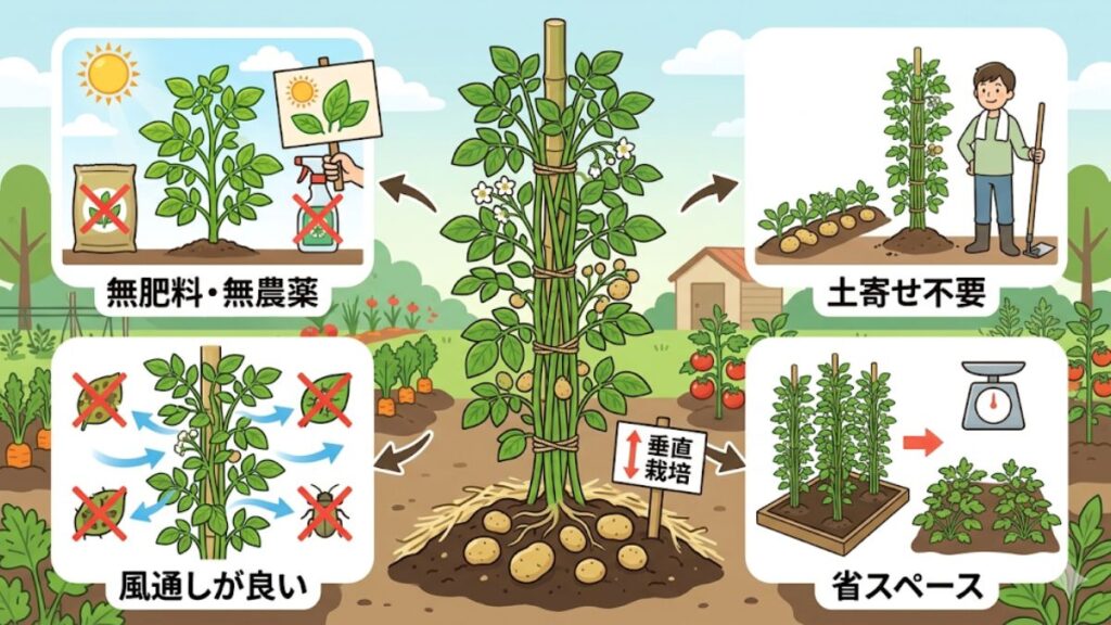 ジャガイモの垂直栽培で収穫を増やす道法スタイルの基本