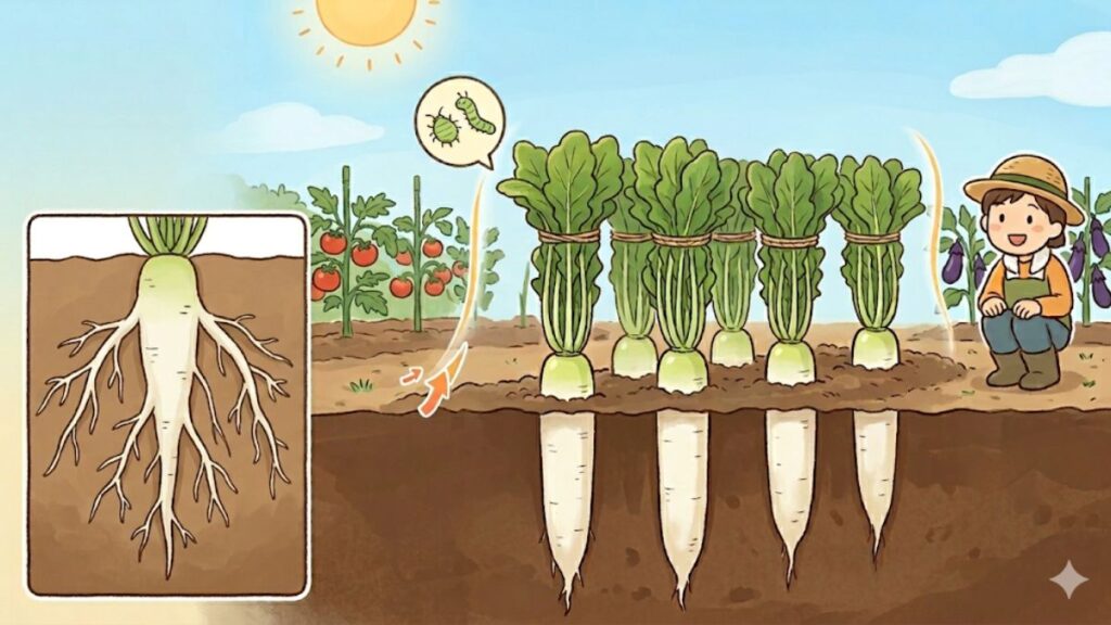 ダイコンの垂直栽培で収穫量アップ！ホルモン活性化と防虫の効果