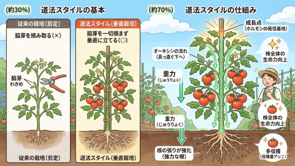 トマトの垂直栽培で収穫量が変わる道法スタイルの基本