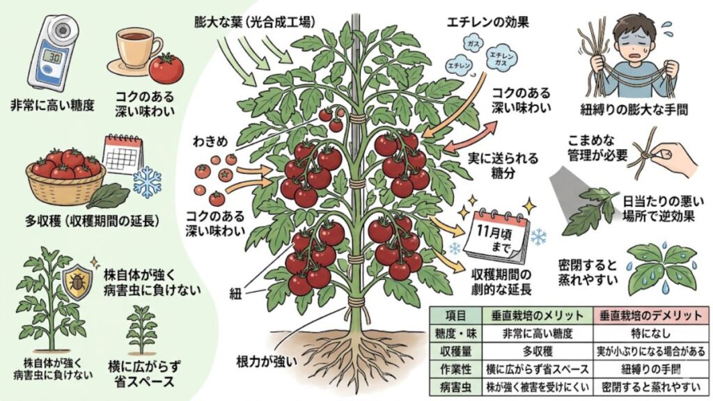 トマトの糖度が上がる垂直仕立てのメリットとデメリット