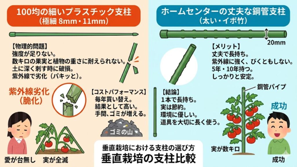 100均の細い支柱が垂直栽培に向かない物理的理由