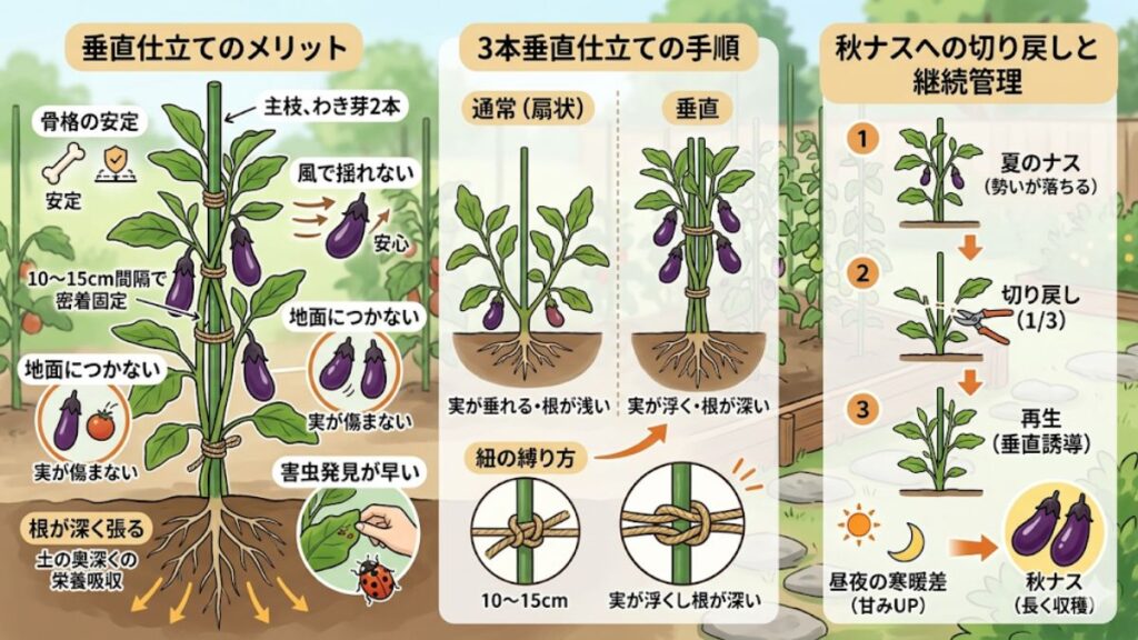 枝を垂直に固定して病害を防ぐナスの誘導方法