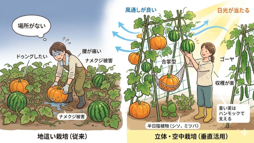 狭い畑を有効活用するための立体栽培と空中栽培