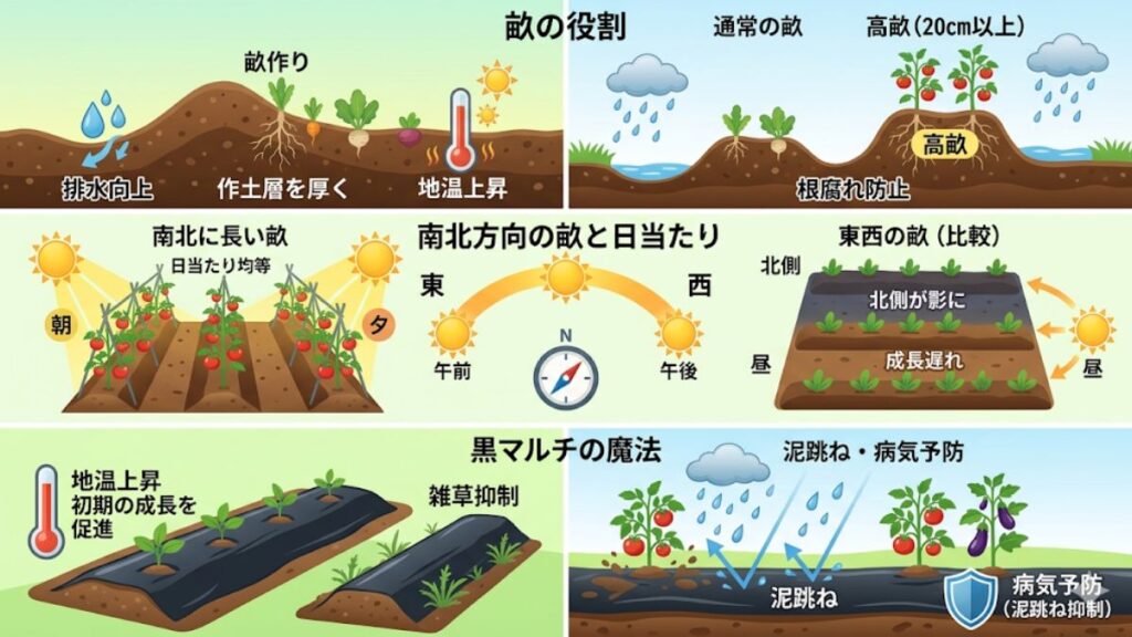 日当たりを考慮した畑の南北方向の畝立てとマルチ