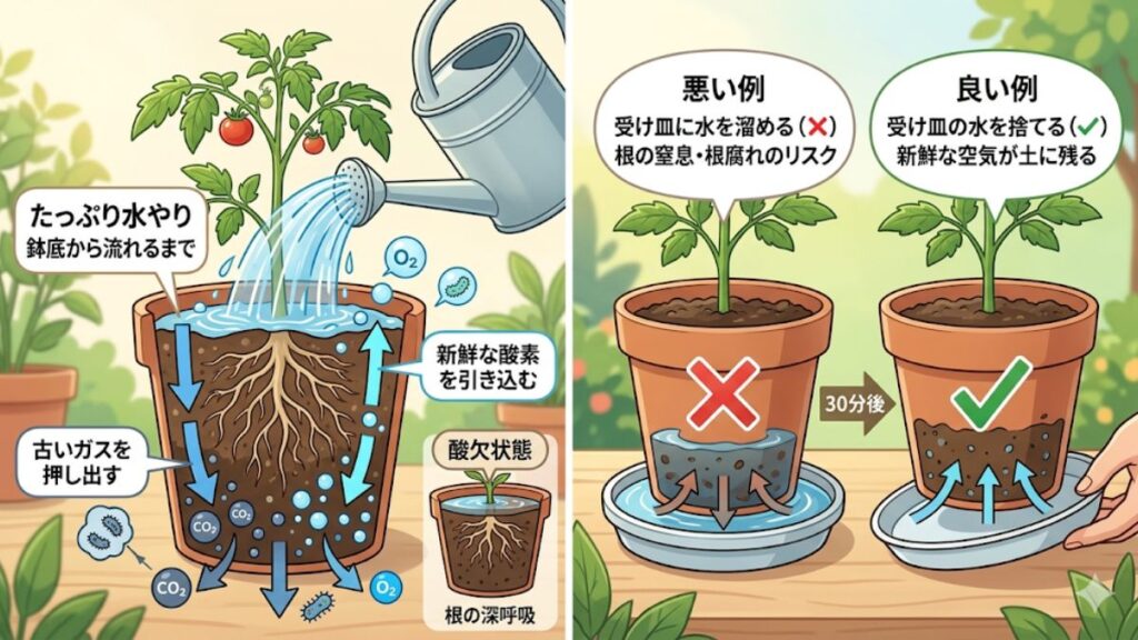 鉢底から流れるまで適切な水の量と酸素