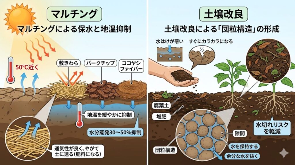 マルチングと土壌改良で保水力を高める物理的対策