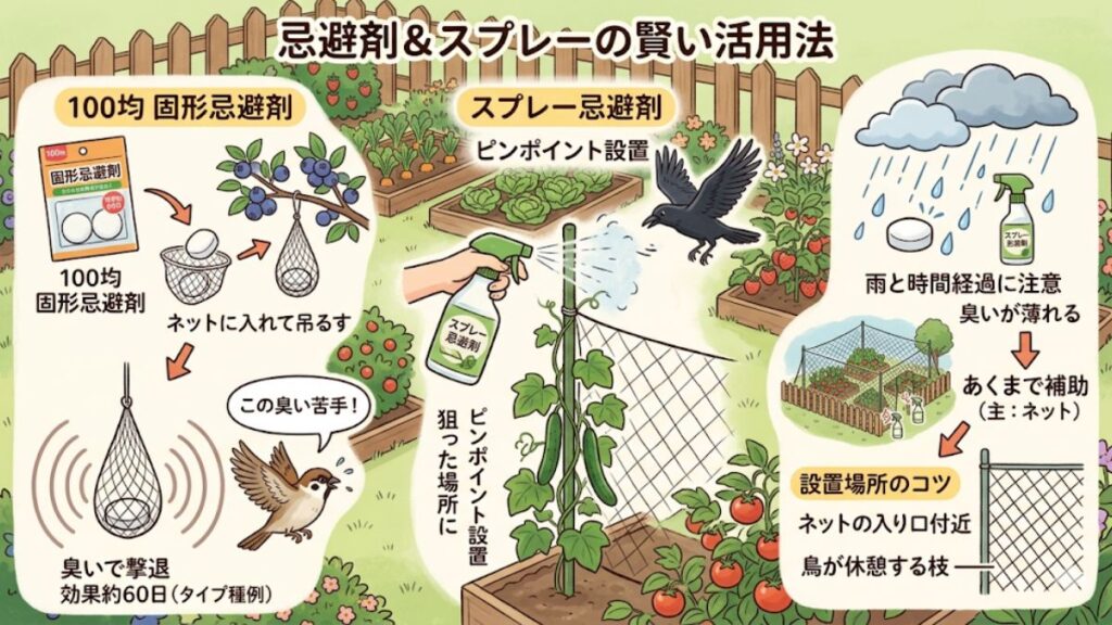 忌避剤やスプレーを併用した補助的な防鳥対策
