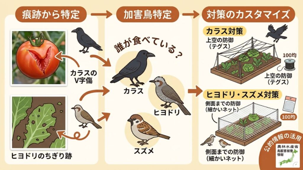 被害痕跡から加害鳥を特定して対策を最適化する