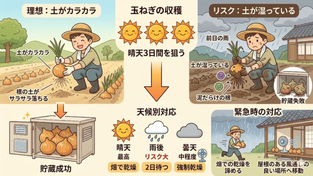晴天が続く日を選ぶ収穫当日の天気と乾燥