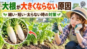 大根が大きくならない原因と細い・短い・太らない時の対策を表した家庭菜園のアイキャッチ画像