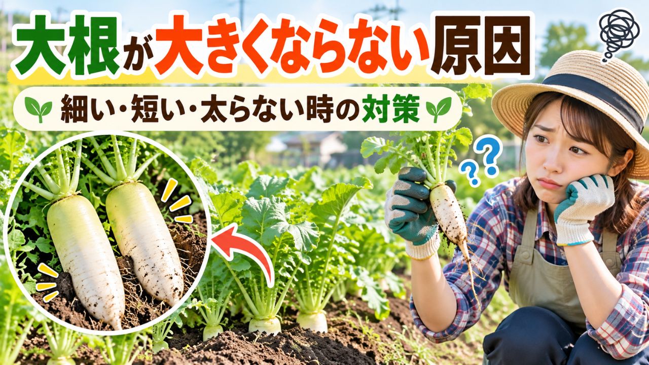 大根が大きくならない原因と細い・短い・太らない時の対策を表した家庭菜園のアイキャッチ画像