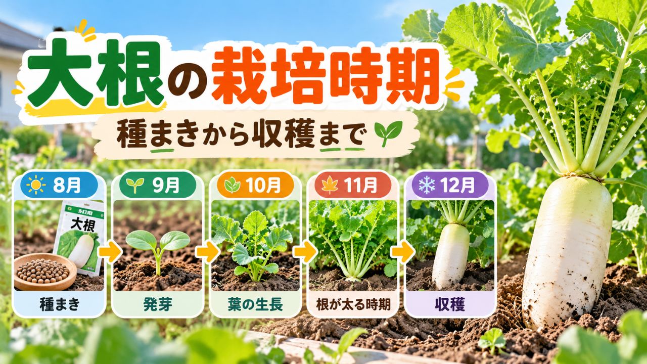 大根の栽培時期を8月の種まきから12月の収穫まで月別に示した栽培カレンダー