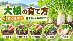 大根の育て方を初心者向けに種まき・発芽・間引き・追肥・収穫まで解説する家庭菜園のアイキャッチ画像