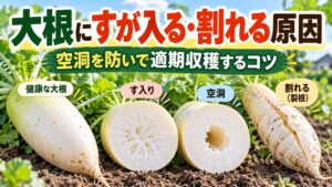大根のす入り・空洞・裂根の違いと原因、適期収穫で防ぐコツを示したアイキャッチ画像