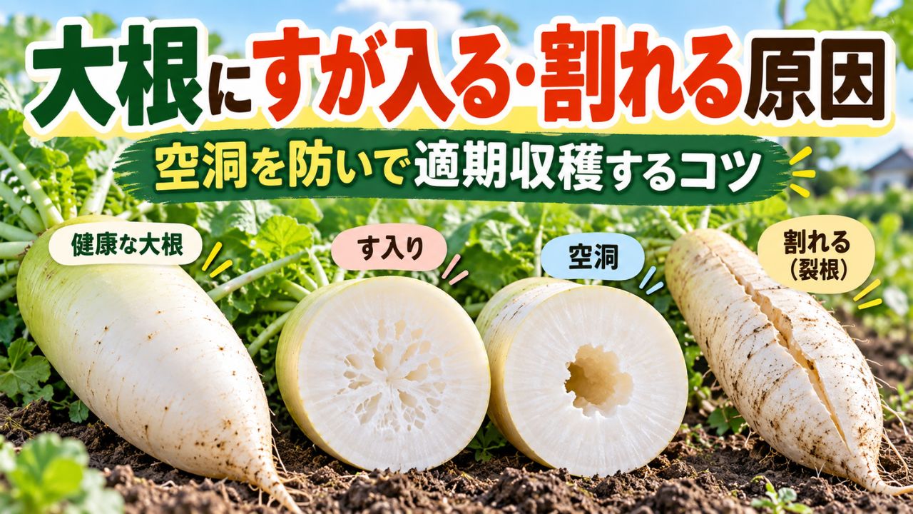 大根のす入り・空洞・裂根の違いと原因、適期収穫で防ぐコツを示したアイキャッチ画像