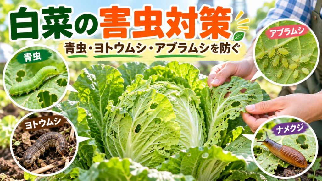 白菜の害虫対策として青虫・ヨトウムシ・アブラムシ・ナメクジと虫食いされた葉を紹介する画像