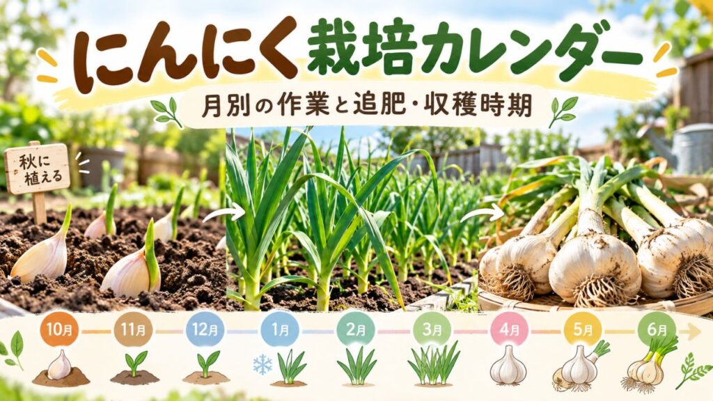 にんにく栽培カレンダーで10月から6月までの月別作業と追肥・収穫時期を紹介するアイキャッチ画像