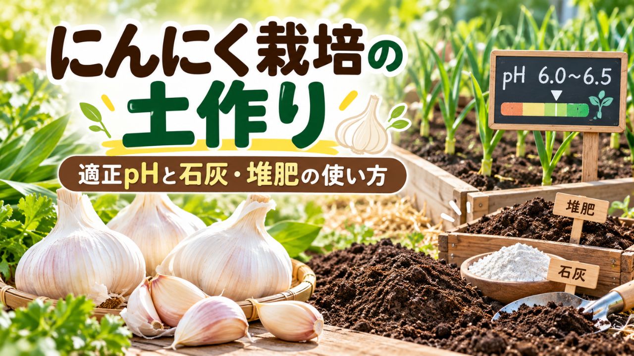にんにく栽培の土作りと適正pH6.0〜6.5、石灰・堆肥の使い方を解説するアイキャッチ画像