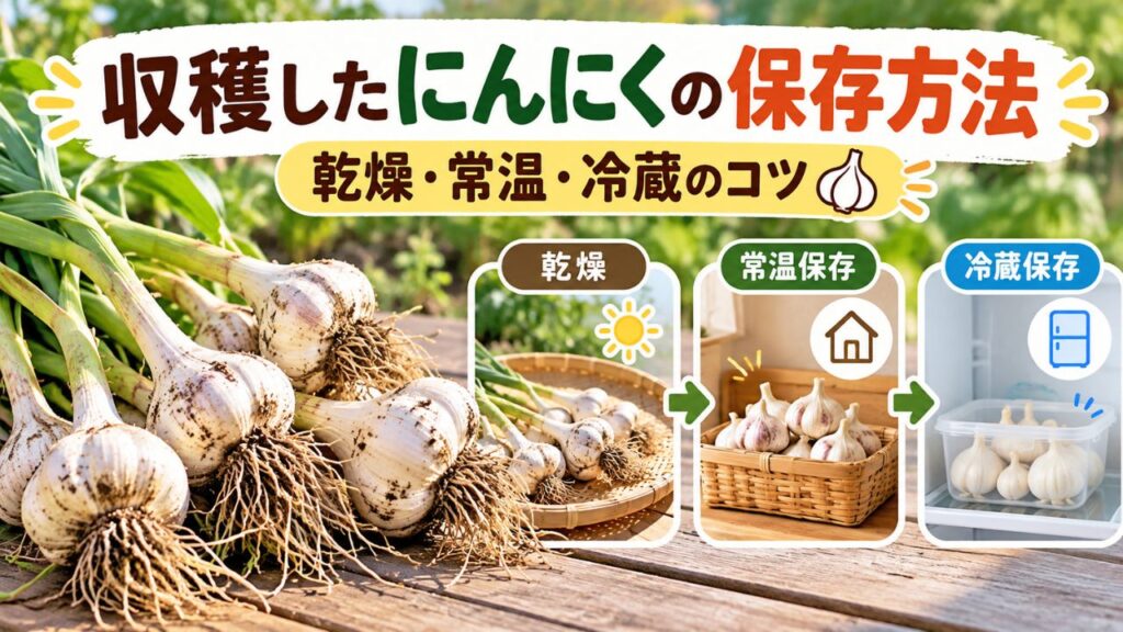 収穫したにんにくの保存方法と乾燥・常温保存・冷蔵保存のコツを解説したアイキャッチ画像