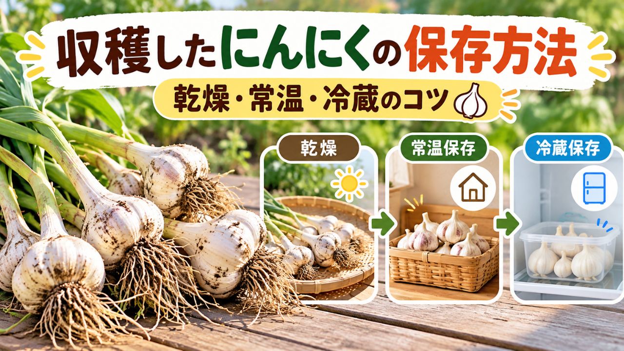 収穫したにんにくの保存方法と乾燥・常温保存・冷蔵保存のコツを解説したアイキャッチ画像
