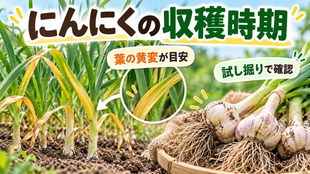 にんにくの収穫時期を葉の黄変と試し掘りで判断する方法を解説したアイキャッチ画像