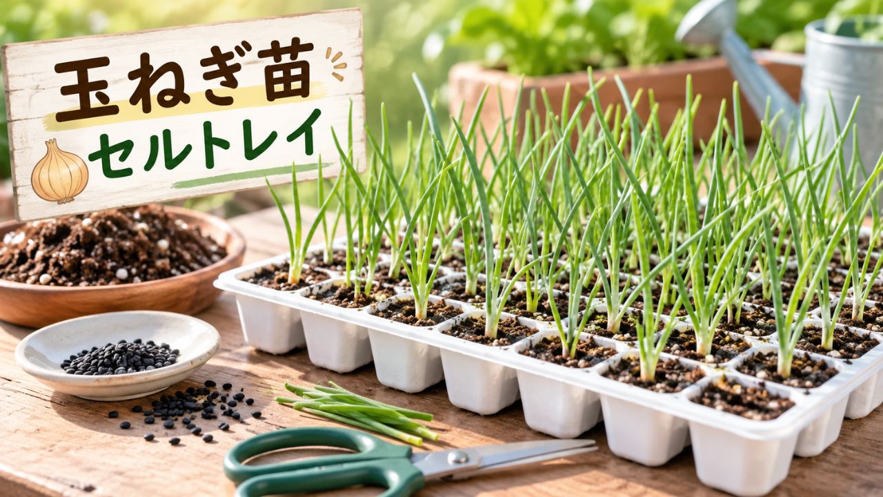 セルトレイで育てる玉ねぎ苗と玉ねぎの種・培土・ハサミを配置した家庭菜園のアイキャッチ画像