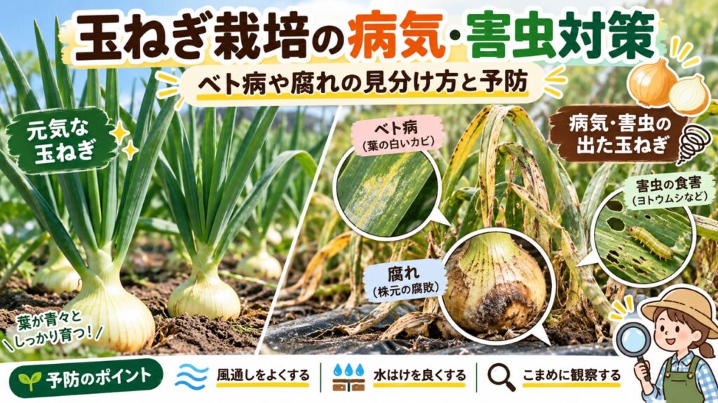 玉ねぎ栽培のベト病や株元の腐れ、害虫被害の見分け方と予防ポイントを比較したアイキャッチ画像