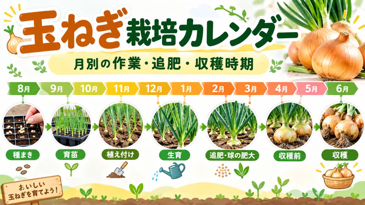 玉ねぎ栽培の種まき・育苗・植え付け・追肥・球の肥大・収穫時期を8月から6月まで月別にまとめた栽培カレンダー