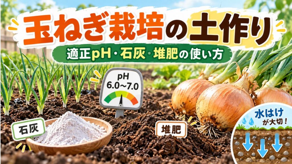 玉ねぎ栽培の土作りで重要な適正pH6.0〜7.0と石灰・堆肥・水はけを解説したアイキャッチ画像